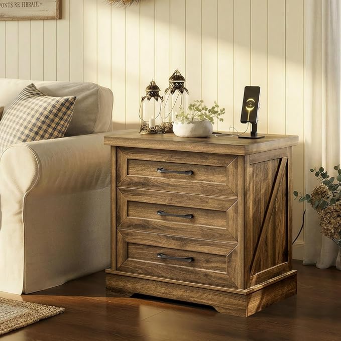 AODK 24 Inch Farmhouse Nightstands with Charging Station, Bedside Tables with Three Drawers, Bed Side Table with Storage, Rustic End Tables with Outlet and USB for Bedroom, Living Room, Light Walnut