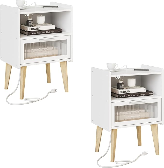 MMEOLUOOK Nightstand with Charging Station, Bedside Tables, End Table Side Table with 2 Tiers Storage Space, for Bedroom, Living Room, White MLBZ07WE-2