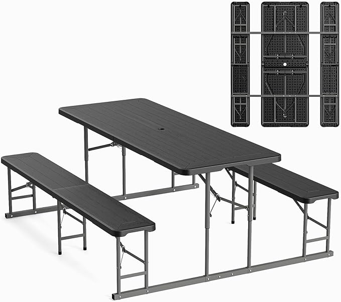 VINGLI Folding Picnic Table and Bench Set, Portable Outdoor Dining Furniture for Camping, Patio, Backyard, Wood Grain Plastic Top with Metal Frame with Kaqi Umbrella