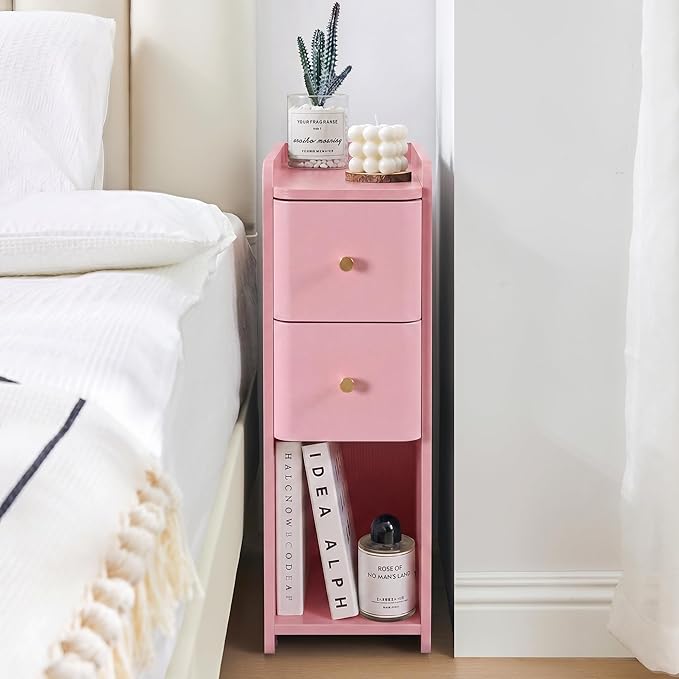 Pink Narrow Nightstand, Wooden Small 2 Drawer Nightstand, Slim Side End Table, Skinny Bedside Table, Mid Century Modern Night Stand with Drawers, for Living Room (Pink-1 pc)
