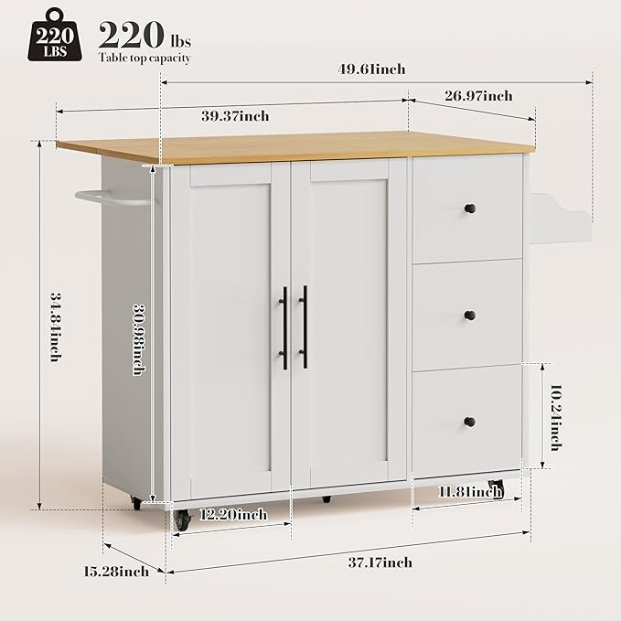 GRUSIGN Kitchen Island on Wheels with Storage-Multifunctional Kitchen Island Cart with Drop Leaf, Rolling Island with Spice/Towel Rack,Expandable Island Table Kitchen,39.37" Width,White