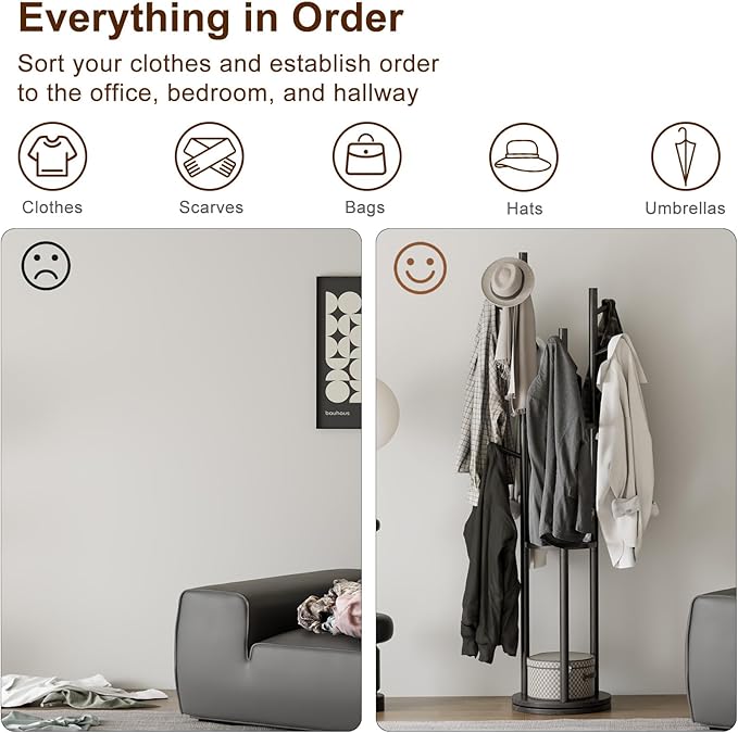 Muwuele Solid Wood Rotary Coat Rack, Freestanding Coat Rack with 3 Shelves and 9 Hooks, Coat tree for Bedroom, Entryway, Livingroom, Coat Hanger Stand for Coats, Scarves, Handbags (Black)