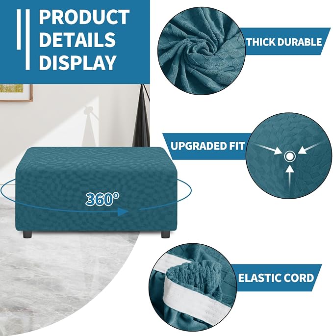 ZNSAYOTX 2026 Rectangle Ottoman Cover (L:57"-75") Super Stretch Soft Footrest Slipcover Form Fit, Universal Folding Foot Stool Covers with Non-Slip Elastic Band, Fashion Jacquard Texture, Teal
