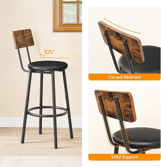HOOBRO Bar Stools, Bar Stools Set of 2 with PU Upholstered, Bar Chairs with Footrest and Back, 26" Bar Stools for Kitchen Island, Dining Room, Easy to Assemble, Rustic Brown and Black BF31BY01G2