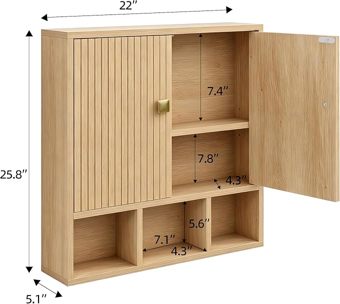 Bathroom Wall Cabinet,Wooden Medicine Cabinet with Fluted Doors Over The Toilet Storage Cabinet with Adjustable Shelf for Bathroom,Wood
