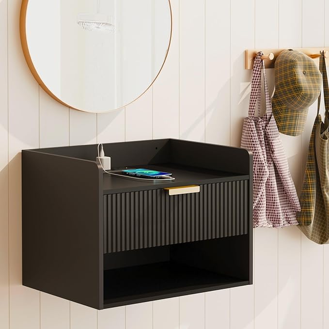 Arbuxzuy Floating Nightstand with Charging Station, Modern Wall Mounted Bedside Table with Drawer & Open Shelf, Minimalist Wooden Night Stand for Bedroom (Black)