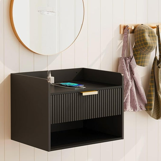 Arbuxzuy Floating Nightstand with Charging Station, Modern Wall Mounted Bedside Table with Drawer & Open Shelf, Minimalist Wooden Night Stand for Bedroom (Black)