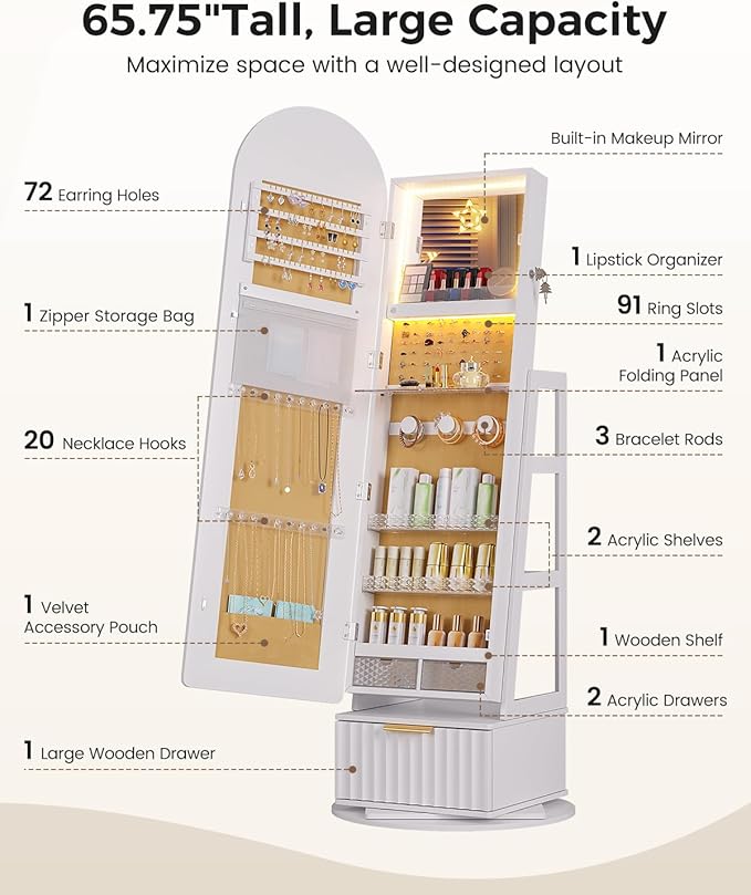 Dystler Arched Jewelry Cabinet with RGB Full-Length Mirror, 360° Swivel Standing Jewelry Armoire with Shelves & Drawer, Lockable Jewelry Organizers and Storage with Remote Control, White
