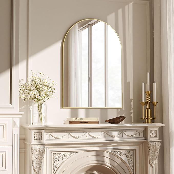 VooBang Arched Wall Mirror, 20 x 30 inch Arch Bathroom Mirror, Wall Mounted Vanity Mirror with Arch Metal Frame, Modern Bathroom Vanity Mirror for Bedroom, Living Room, Hanging or Leaning, Gold