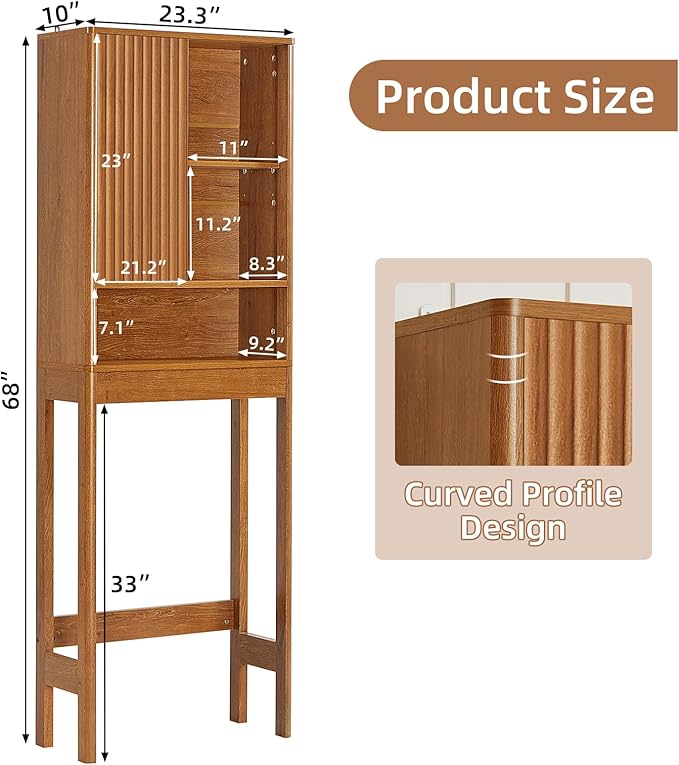 LEYAOYAO Fluted Over The Toilet Storage Cabinet, Farmhouse Over Toilet Bathroom Organizer with a Sliding Door, 68" Tall Tea Brown Freestanding Washer Shelf with Adjustable Shelf & Curved Profile