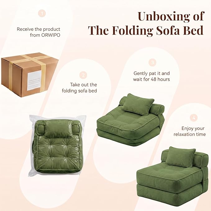 Folding Sofa Bed, Convertible Sleeper Chair with Pillow Foldable Mattress with Back Support, Portable Fold Out Chair Bed Comfy Floor Couch Lounge for Living Room Bedroom Apartment Single