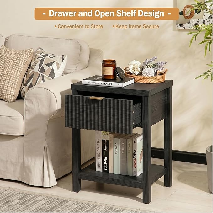 Fluted Night Stand with Golden Handle,Set of 2 Mid-Century Nightstands with Drawer, Bedside Table with Storage Shelf, Side Tables for Room,End Tables for Bedroom,Black Wood Grain