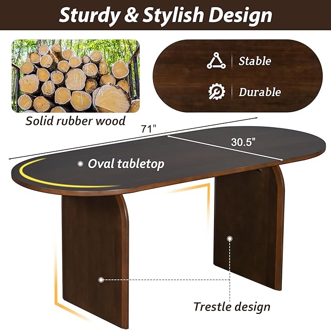 Merax 6 Pieces Modern Dining Set for 6, 71" Oval Rubberwood Dining Table with Bench and 4 Rattan Backrest Chairs for Dining Room, Living Room, Kitchen, Brown