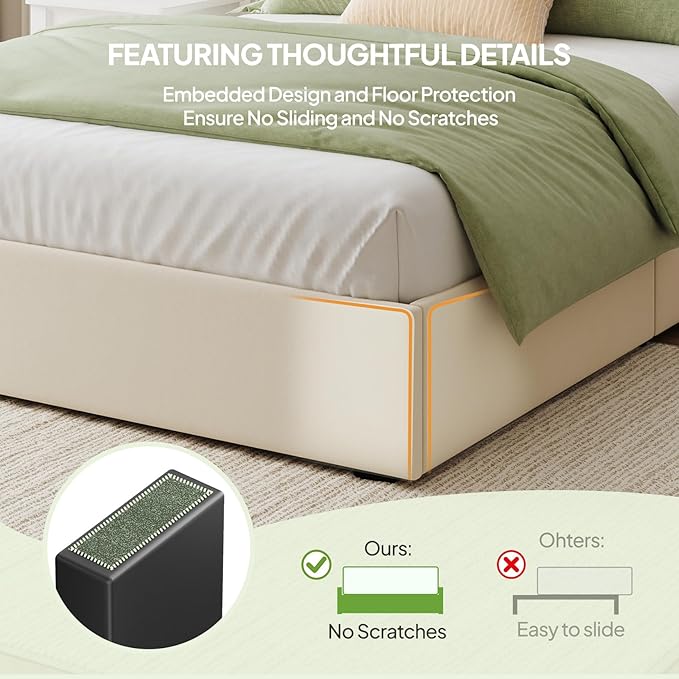 Welzona Queen Velvet Bed Frame with 4 Storage Drawers, Fully Upholstered Metal Platform Bed Frame with Vertical Channel Tufted Headboard, 3-Level Height, Easy Assembly, No Box Spring Needed, White