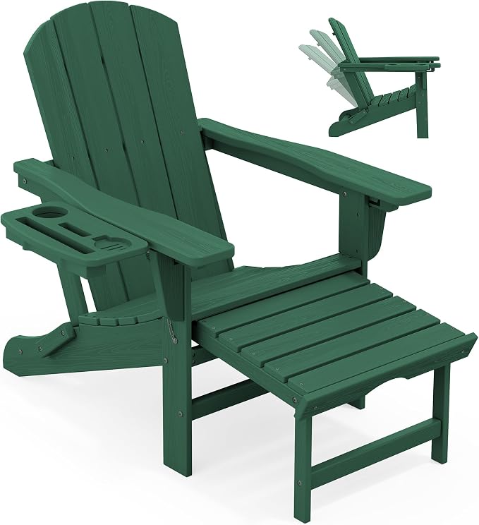 KINGYES Adjustable Folding Adirondack Chair with Footrest & 4-in-1 Multi-Functional Armrest Organizer, HDPE Foldable Recliner Adirondack Chair with Pull-Out Ottoman, Green