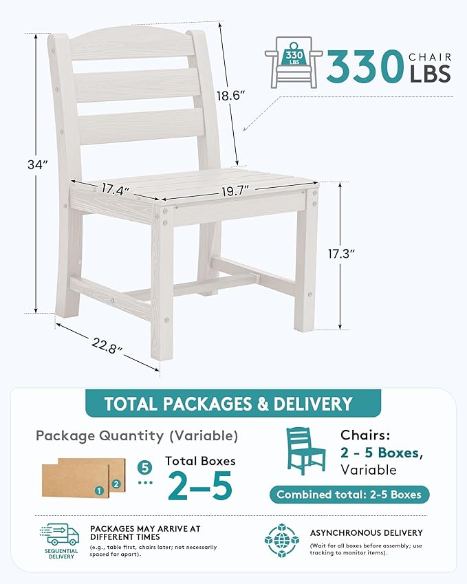 SERWALL Outdoor Armless Dining Chairs Set of 4, All-Weather HDPE Patio Chair with 19.7" Widened Seat, for Backyard, Garden, White
