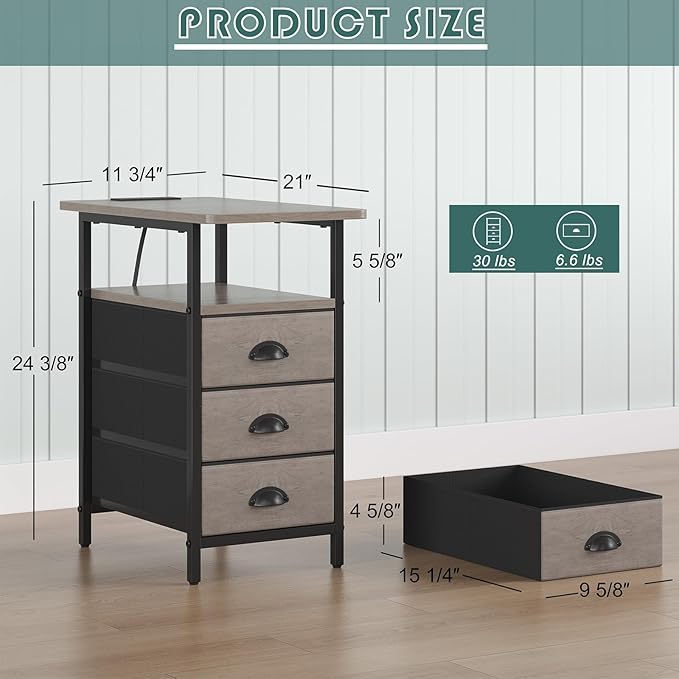 sthmec End Table with Charging Station,LED Side Tables with USB Ports and Outlets,Narrow Nightstands Bedside Tables with 3 Drawers for Small Space,Slim Sofa Table for Livingroom,Grey