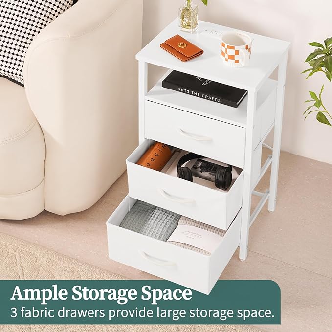 Yoobure Night Stand with Charging Station, 16 Colors LED Nightstand with USB Ports and Outlets, End Table with 3 Fabric Drawers and Storage Shelf, Bedside Tables Small Dresser for Small Space White