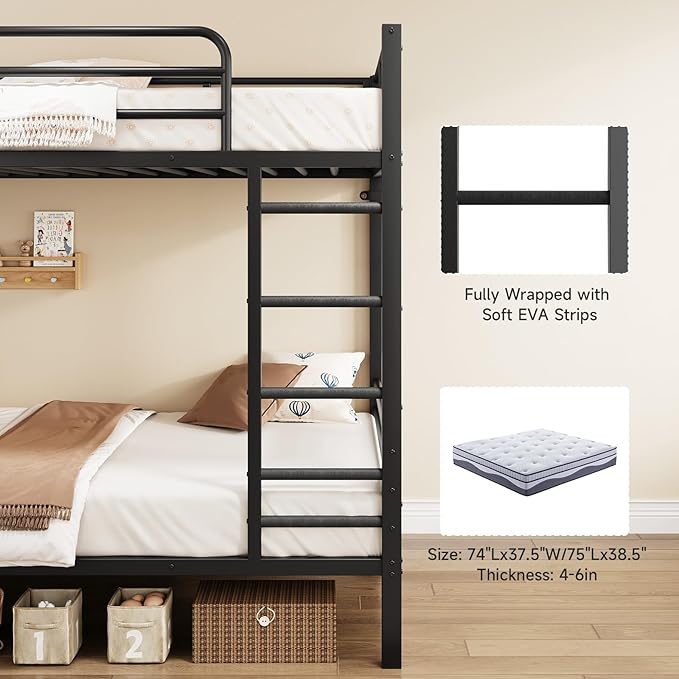 Bunk Bed Twin Over Twin, Metal Bunk Beds with Power Outlets & Desk, Heavy-Duty Bunkbeds Frame with Safety Guardrail & Ladders, Upper Bed with Storage Rack, No Box Spring Needed, for Juniors, Black