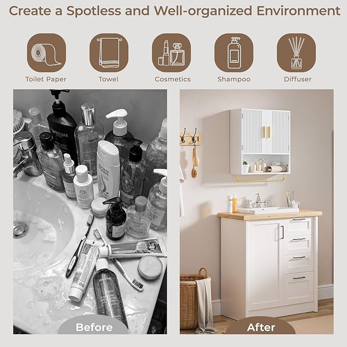Memobarco Bathroom Wall Cabinet, Medicine Cabinet with Fluted Door & Adjustable Shelf, Over the Toilet Storage Cabinet with Towel Bar, Cabinet Wall Mount for Laundry Room & Kitchen, White