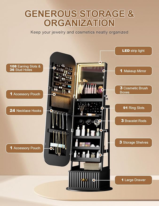 360° Swivel Jewelry Cabinet with Lights - RGB Vanity Mirror | Rotatable Full Length Mirror with Jewelry Storage, Standing Jewelry Armoire Organizer, Foldable Makeup Shelf, White (Black 052)