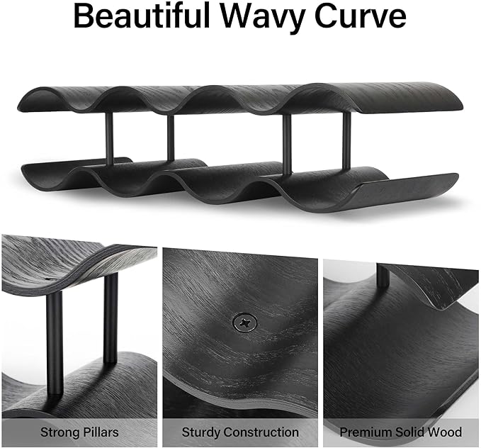 Countertop Wine Rack - 7 Bottle Freestanding Wine Bottle Holder Stand - 2 Tier Wooden Wine Storage Rack - Black Wavy Wine Organizer for Cabinet Pantry Home Kitchen Bar