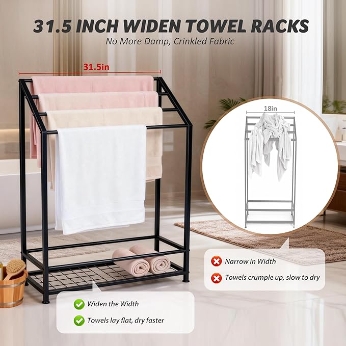 Hjarta Extra Wide 31.5 Inch Standing Towel Rack, Tall 40 Inch Free Standing Towel Rack with Storage Shelf, 4 Tier Towel Stand for Bathroom Outdoor Poolside