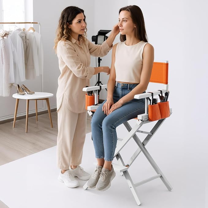 OmySalon 26" H Tall Directors Chair, Wooden Portable Folding Makeup Chair w/Storage Pouch & Footrest, Professional for Salon/Events/Mobile Services, 250lb Capacity, Orange Canvas & White Frame