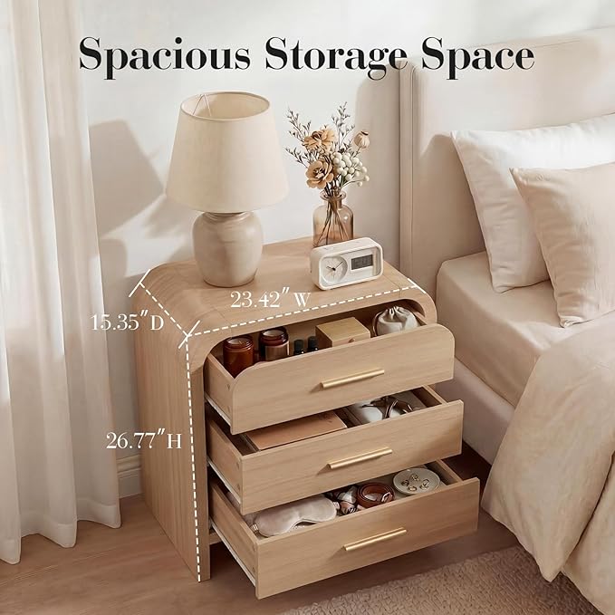 Night Stand Set of 2 [Unique Curved Profile] [FSC-Certified Wooden Board] 3-Drawer Nightstand 27" H Metal Handle Modern Sturdy Bedside Table