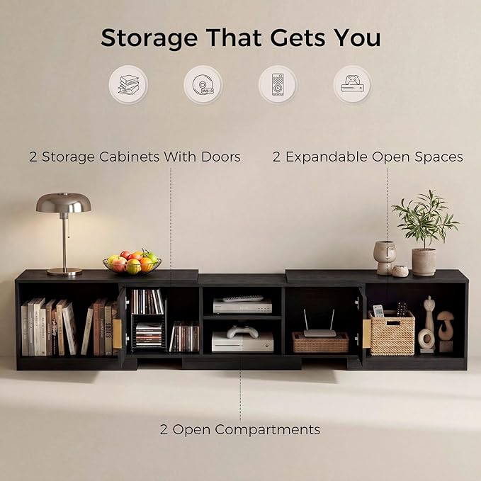 IRONCK TV Stand for 55-80 Inches TVs, 63"-84.6" Adjustable Length, Extendable Corner Entertainment Center with Storage Cabinets, Fluted Doors Modern Media Console, Ideal for Living Room, Black