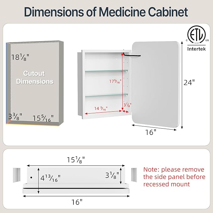 16x24 Inch Medicine Cabinet with Mirror, Recessed or Surface Mount Bathroom Medicine Cabinet with LED Lights, Anti-Fog, Memory Function, Adjustable Shelf, Dimmable Light, ETL Listed, White,Right Hinge