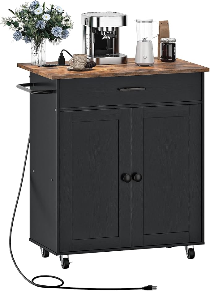 CHOEZON Kitchen Island, Kitchen Island Cart with One Double Cabinet and Drawer, Rolling Storage Cart with Power Strip, with Drop Leaf, for Kitchen, Living Room, Black and Rustic Brown MZD01UBFN1