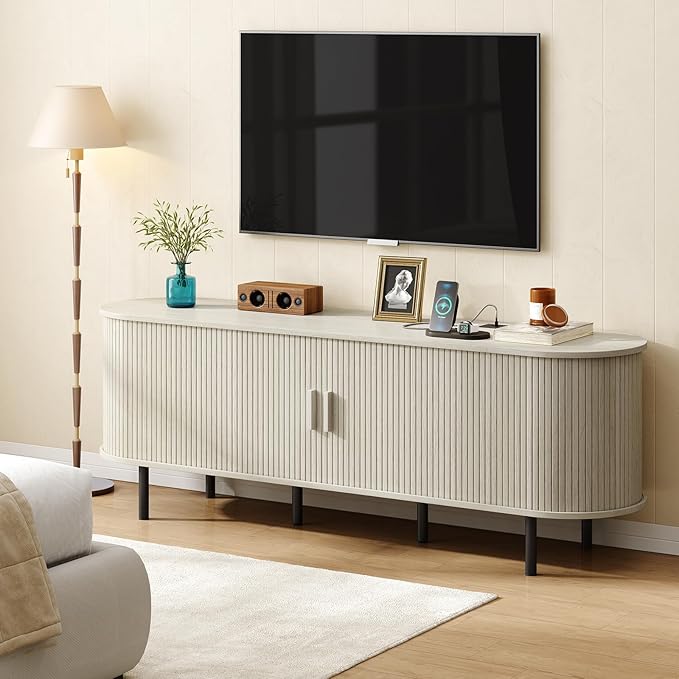 ONBRILL 70.8" TV Stand with Power Outlet for TVs up to 75 Inch, Entertainment Center with Storage and Adjustable Shelves, Modern Media Console with Sliding Doors for Living Room, Natural White