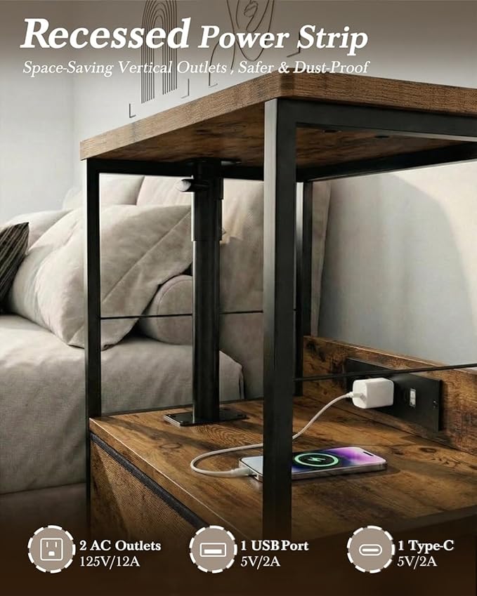 Faesun Swivel Lift Top Nightstand with Charging Station, Rolling Night Stand with Fabric Drawer, Adjustable Bedside Table for Bedroom, Living Room, Brown, Pro