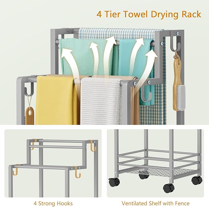 Gewudraw Free Standing Towel Rack, Pool Towel Rack, 4-Tier Blanket Stand with Shelf, Bathroom Towel Drying Rack with 4 Hooks, Rust-Resistant Drying Rack Indoor/Outdoor, Silver