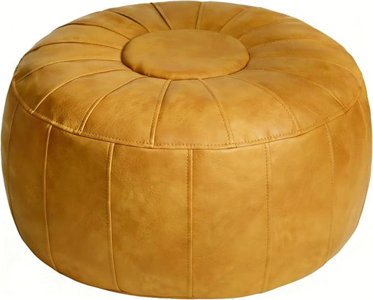 Thgonwid Unstuffed Moroccan Storage Pouf Foot Stool Ottoman Seat Handmade Faux Leather Bean Bag Floor Chair Foot Rest for Living Room, Bedroom or Balcony (Yellow)