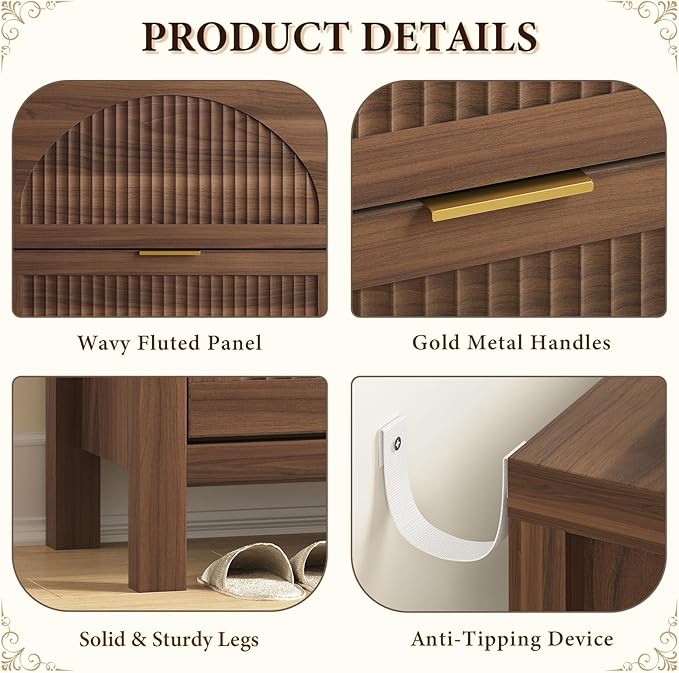 YOMILUVE Shoe Storage Cabinet for Entryway, Fluted Shoe Cabinet with 2 Flip Drawers, Hidden Shoe Rack Slim Freestanding Shoe Organizer with Legs for Hallway, Walnut