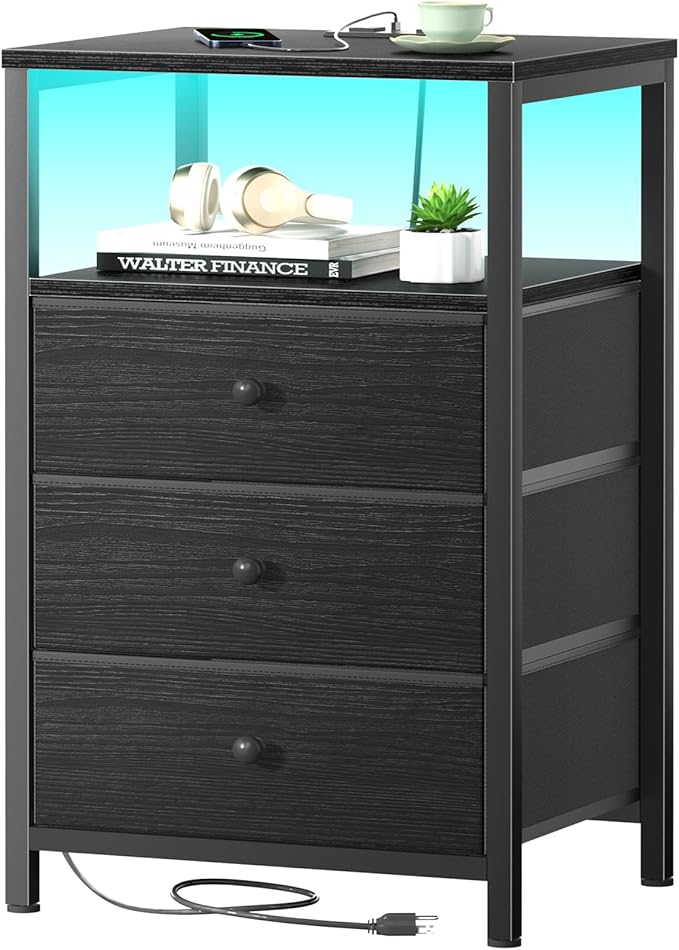 BOLUO Black Night Stand with 3 Fabric Drawers, Nightstand with Charging Station LED Nightstand for Bedroom, Bedside Table with USB Ports and Outlets Modern