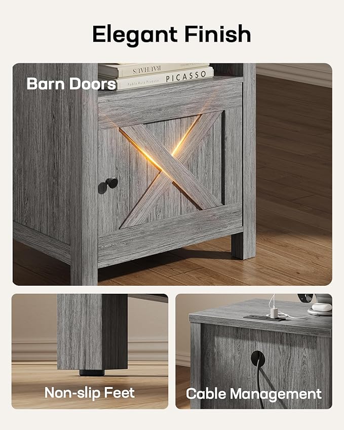 Marsail Farmhouse Nightstand Set of 2, Wood Bedside Table with Charging Station, Night Stand with Shelf and Doors, End Table with Storage Side Table for Bedroom, Dark Grey