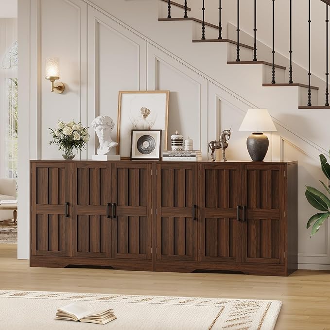 Modern Farmhouse Buffet Cabinet with Storage, 85" Large Sideboard Storage Cabinet with 6 Barn Doors, Coffee Liquor Bar Cabinet Wood Table Credenza with Adjustable Shelf for Kitchen Dining Living Room