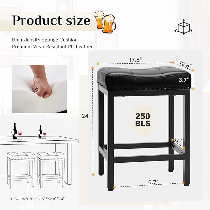Sweetcrispy 24 inch Bar Stools Set of 6, Upholstered Modern Counter Height Bar Stools for Kitchen Island Modern PU Leather Sadless Stools Chair with Metal Base and Footrest,Black