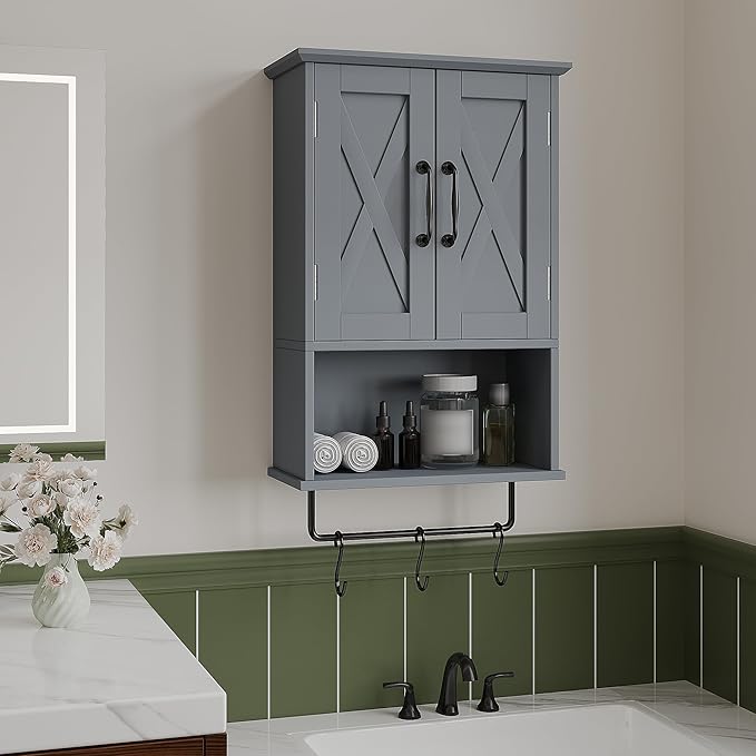 ChooChoo Farmhouse Medicine Cabinet, Bathroom Wall Cabinet with Adjustable Shelf, Towel Bar, 3 Hooks, Over The Toilet Storage Cabinet for Bathroom, Kitchen, Grey