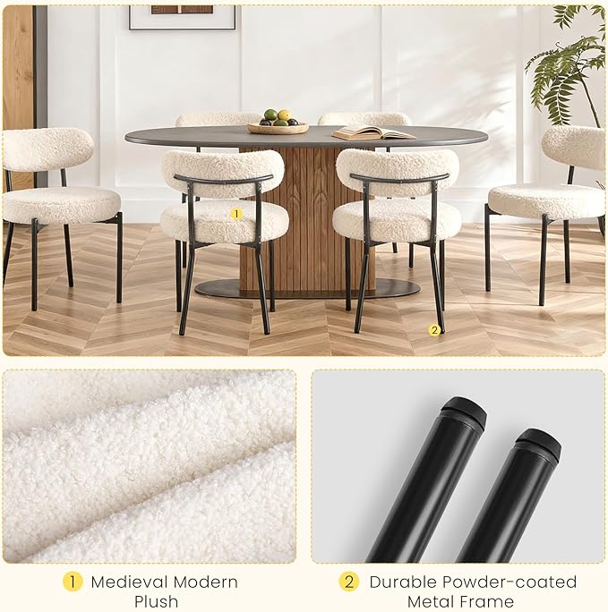 DUMOS Dining Chairs Set of 6, Mid Century Modern Chair Round Upholstered Curved Backrest, Kitchen Vanity Living Room Chairs with Black Metal Legs，Classic Beige