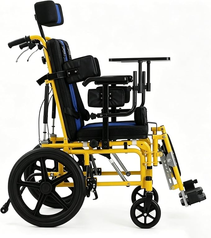 Pediatric Full Reclining Wheelchair - Heavy Duty 220 lbs Capacity Folding Kids Wheelchair with Elevating Footrest, Headrest & Meal Tray, Portable Mobility Aid for Children with Special Needs (Yellow)