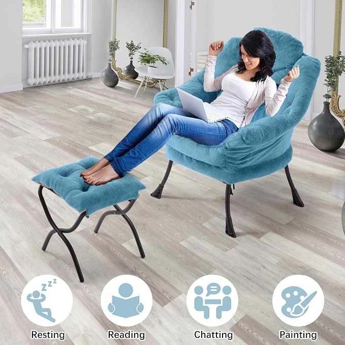Lazy Chair with Folding Ottoman,Leisure Sofa Chair,Soft Fabric Armchair with Armrests and Side Pockets, Reading Chair with Footrest for Living Room, Bedroom, Office (Plush Blue)