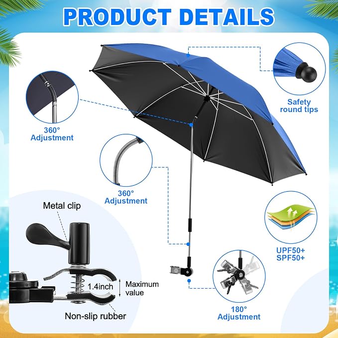 Yuntau 2 Set Reclining Beach Chairs with UPF 50+ Umbrellas Shade, Upgraded Heavy Duty Portable Folding Lounge Camping Chair with Canopy Removable Footrest & Headrest for Outdoor Patio(Black,Blue)