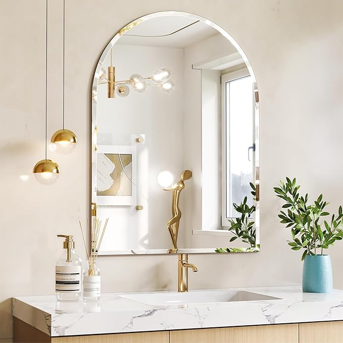 Frameless Bathroom Mirror, 24" x 32" Arched Vanity Mirror for Wall Beveled, Arch Wall Mounted Mirror for Bedroom, Entryways, Over Sink
