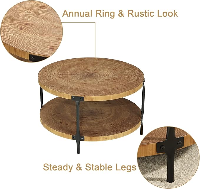 Awescuti Round Boho Wood Coffee Table - 29.1" Farmhouse Natural Circle Wooden 2-Tier Coffee Tables Living Room Furniture, 29.1" D x 18.3" H, Natural Wood Color
