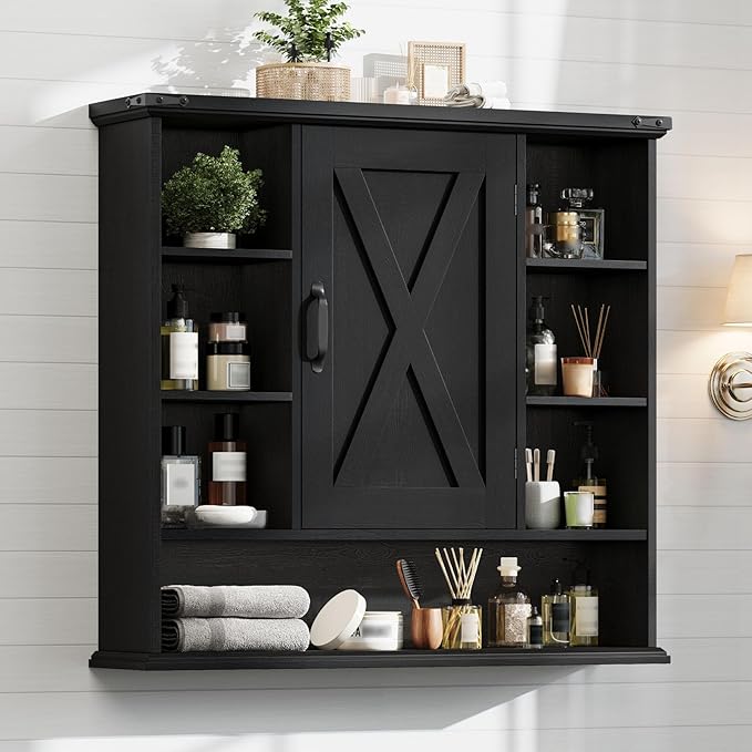 Halitaa Bathroom Wall Cabinet, Farmhouse Medicine Cabinet with Adjustable Shelves and Barn Doors, Large Wall Mounted Over the Toilet Storage Cabinet for Bathroom, Laundry Room, Kitchen, Rustic Black