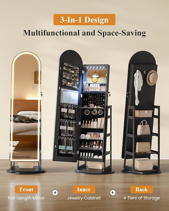 LVSOMT LED Arched Mirror Jewelry Cabinet Standing, Lockable Jewelry Armoire, Full-Length Mirror with Storage, Space-Saving Jewelry Organizer Mirror, Foldable Makeup Shelf, Gift for Women(LED Black)